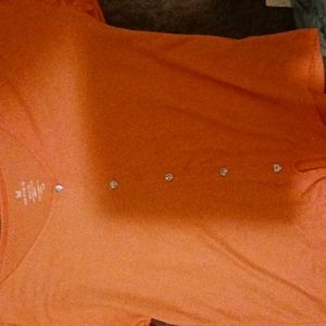 Neon orange false button ruffle sleeve shirt